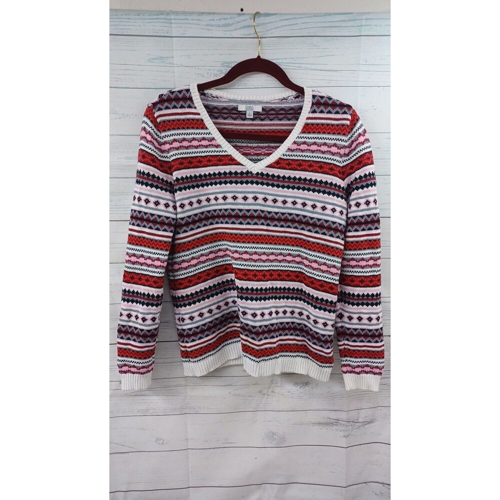 Crown & Ivy Womens Crochet Sweater Pink V Neck Striped L